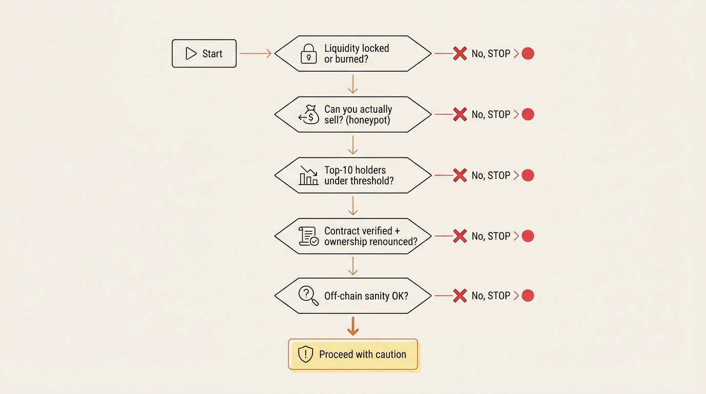 Rug-pull check decision tree flowchart — Start node leads to