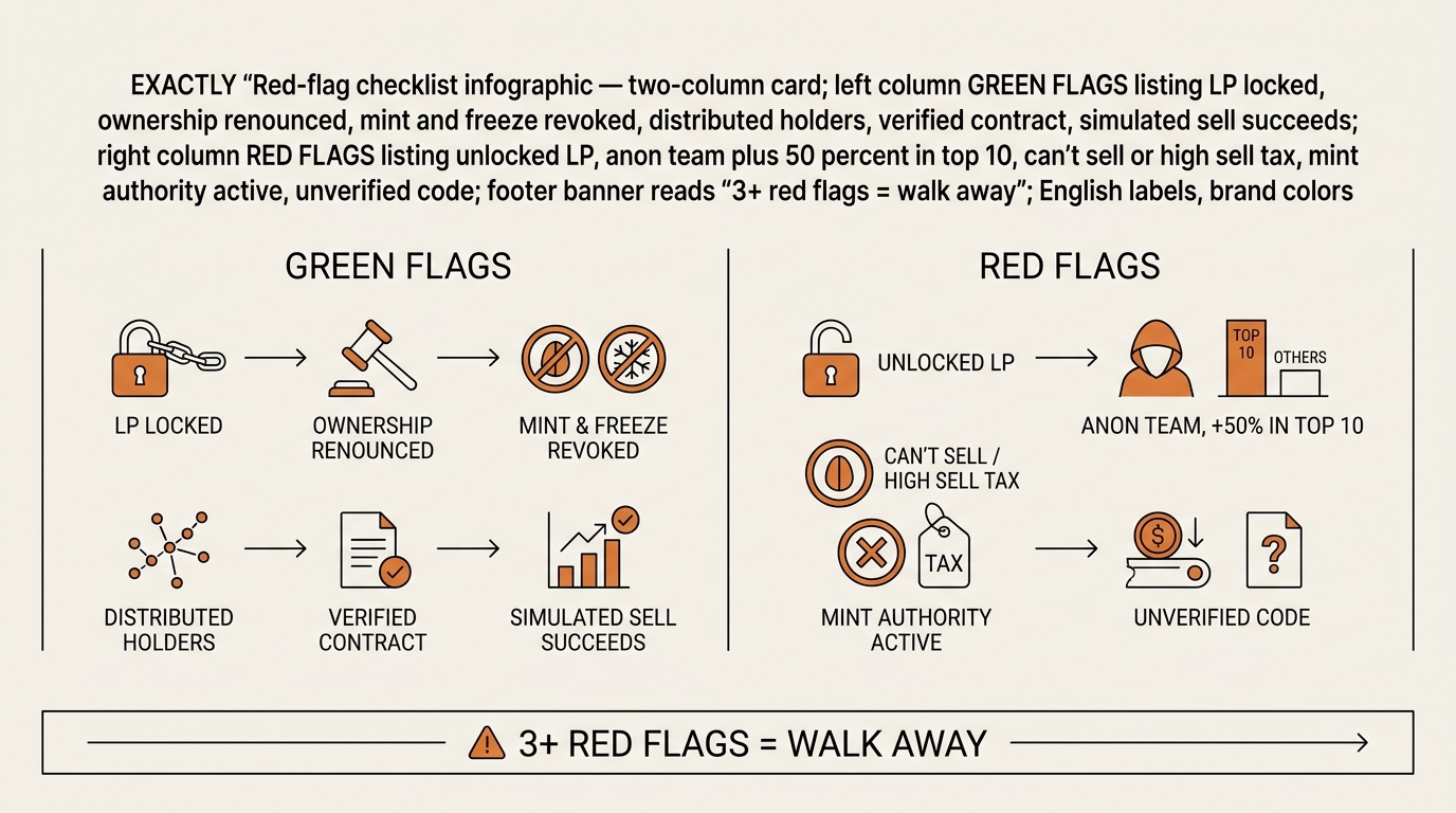 Red-flag checklist infographic — two-column card; left column GREEN FLAGS listing LP locked, ownership renounced, min…