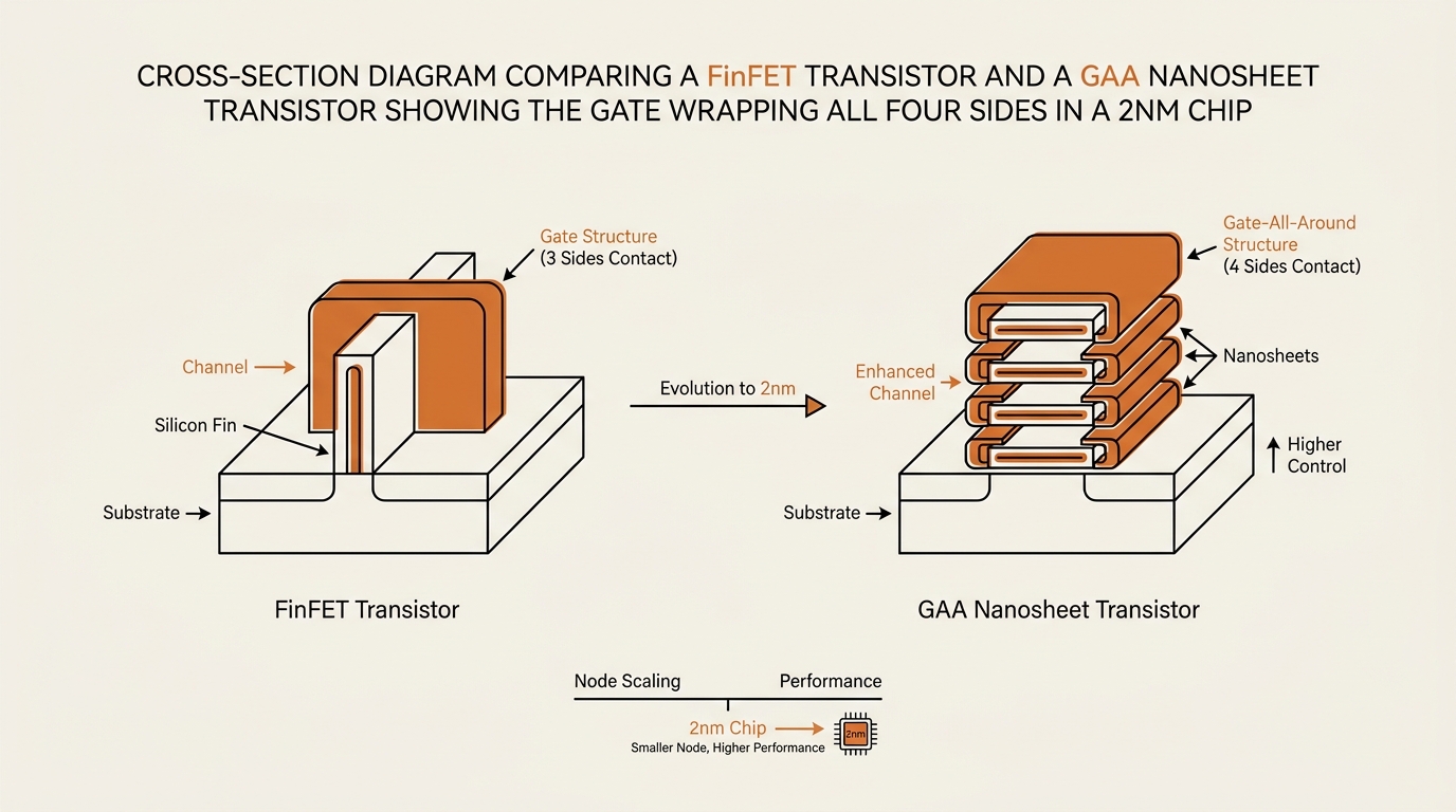 Cross-section diagram comparing a FinFET transistor and a GAA nanosheet transistor, showing how the gate wraps all four sides of the channel inside a 2nm chip.