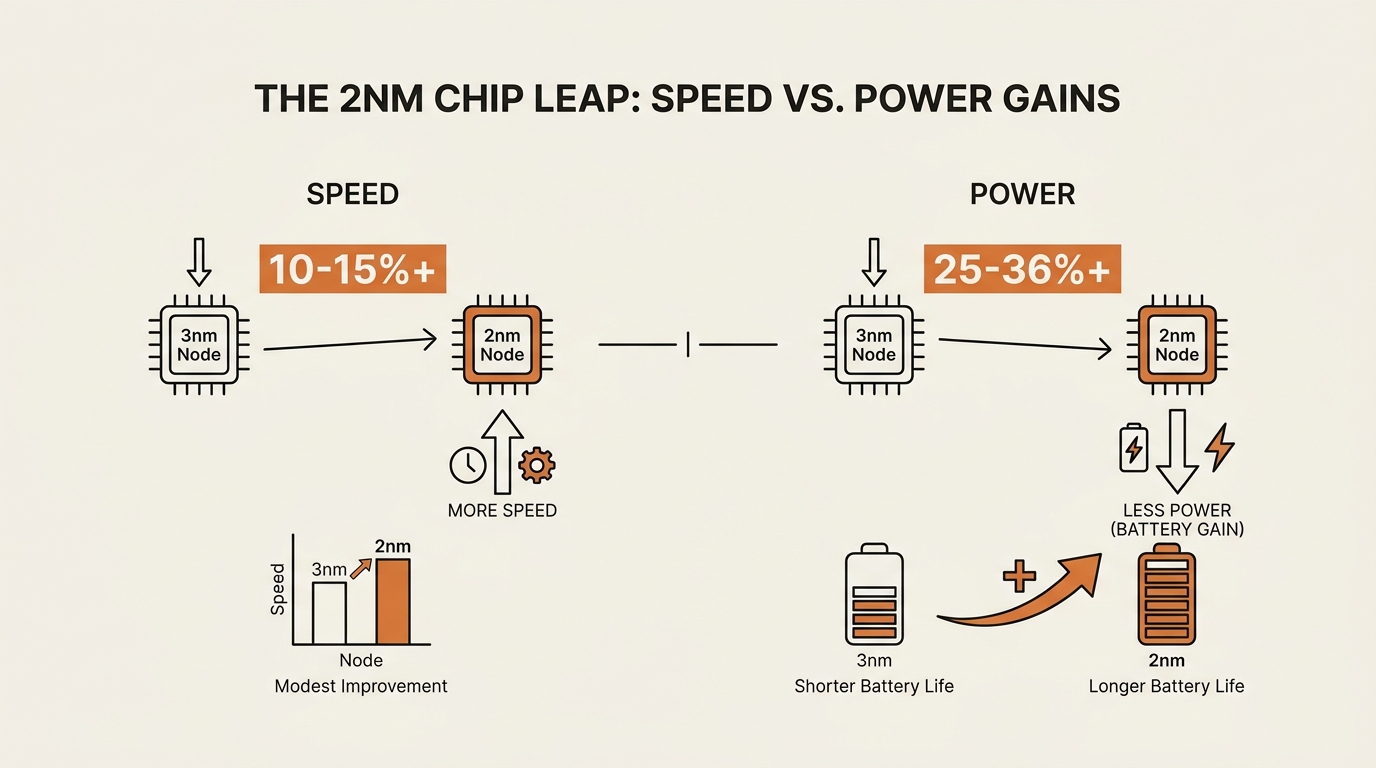 Infographic showing the 2nm chip improvement over 3nm — roughly 10-15% more speed or 25-36% less power, framed as a modest real-world gain.