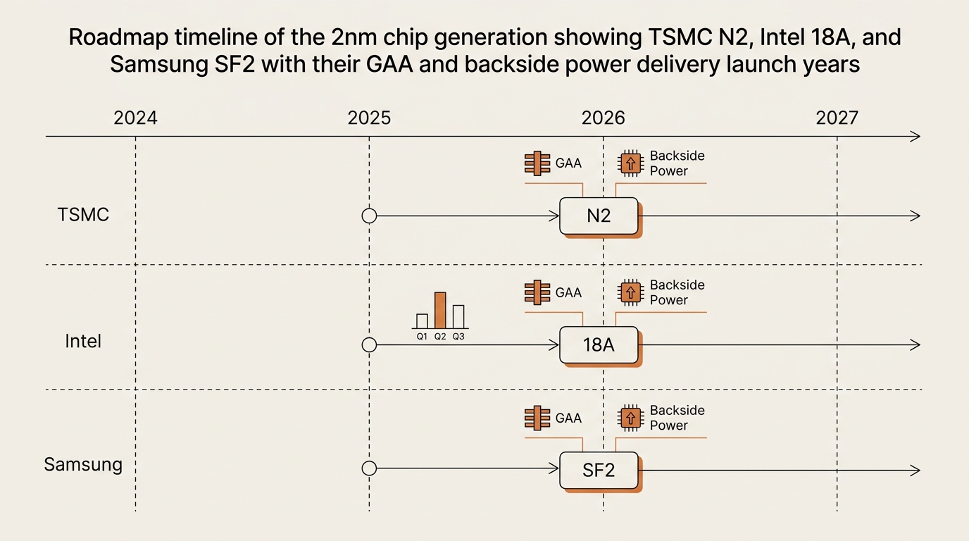 Roadmap timeline of the 2nm chip generation showing TSMC N2, Intel 18A, and Samsung SF2 with their GAA and backside power delivery arrival dates.