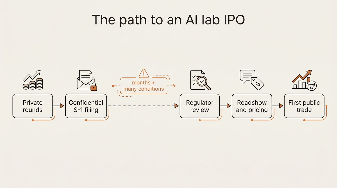 Timeline infographic showing the path to an AI lab IPO, from private rounds through a confidential S-1 filing, regulator review, roadshow and pricing, to the first public trade