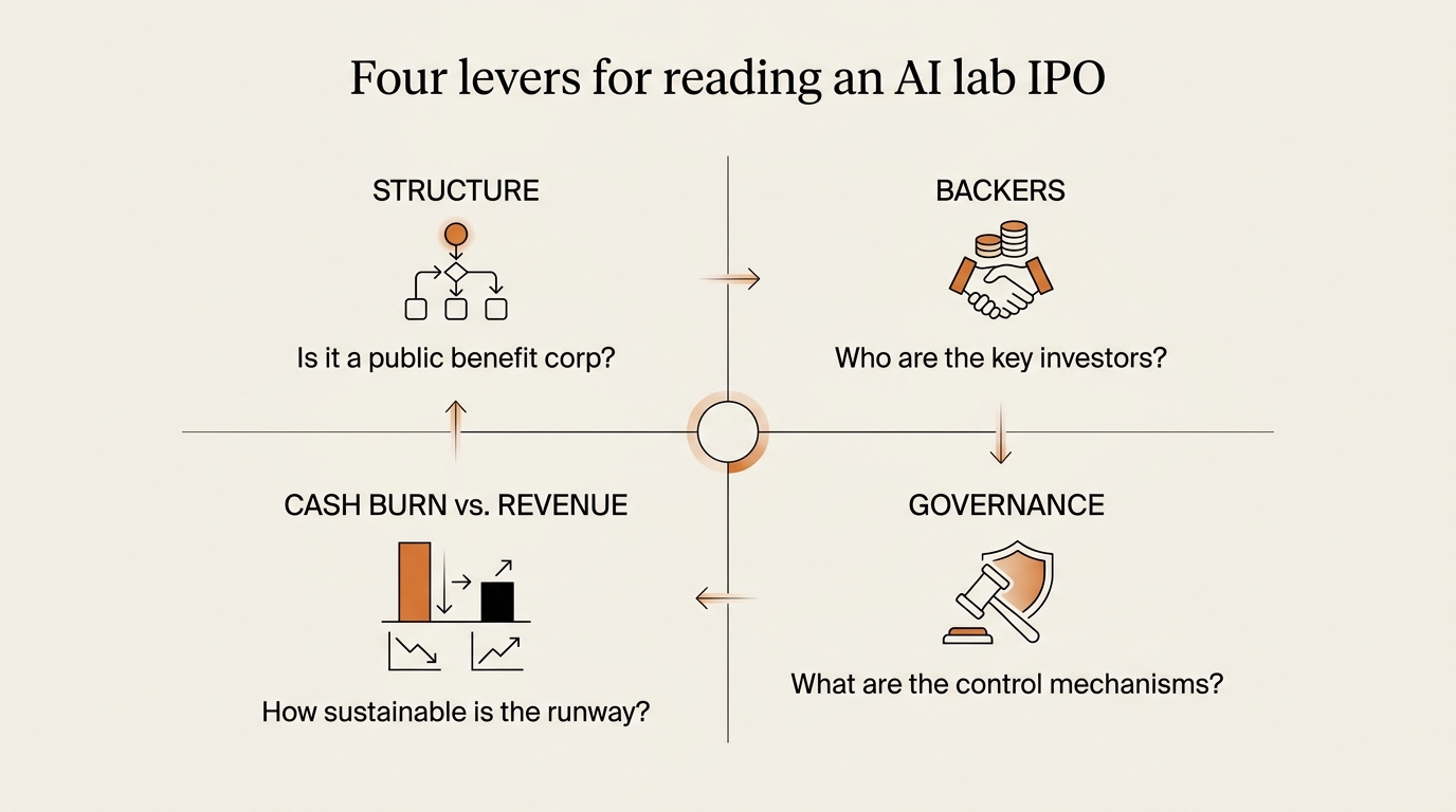 Four-lever framework diagram for reading an AI lab IPO, with quadrants for structure, backers, cash burn versus revenue, and governance