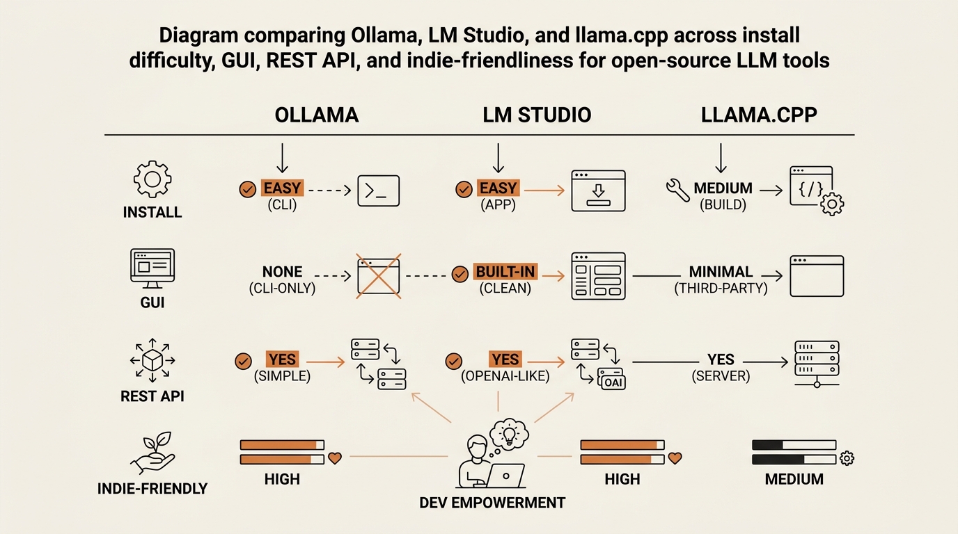Comparison of three open-source LLM tools for indie developers — Ollama, LM Studio, and llama.cpp scored across install difficulty, GUI quality, REST API support, and beginner friendliness