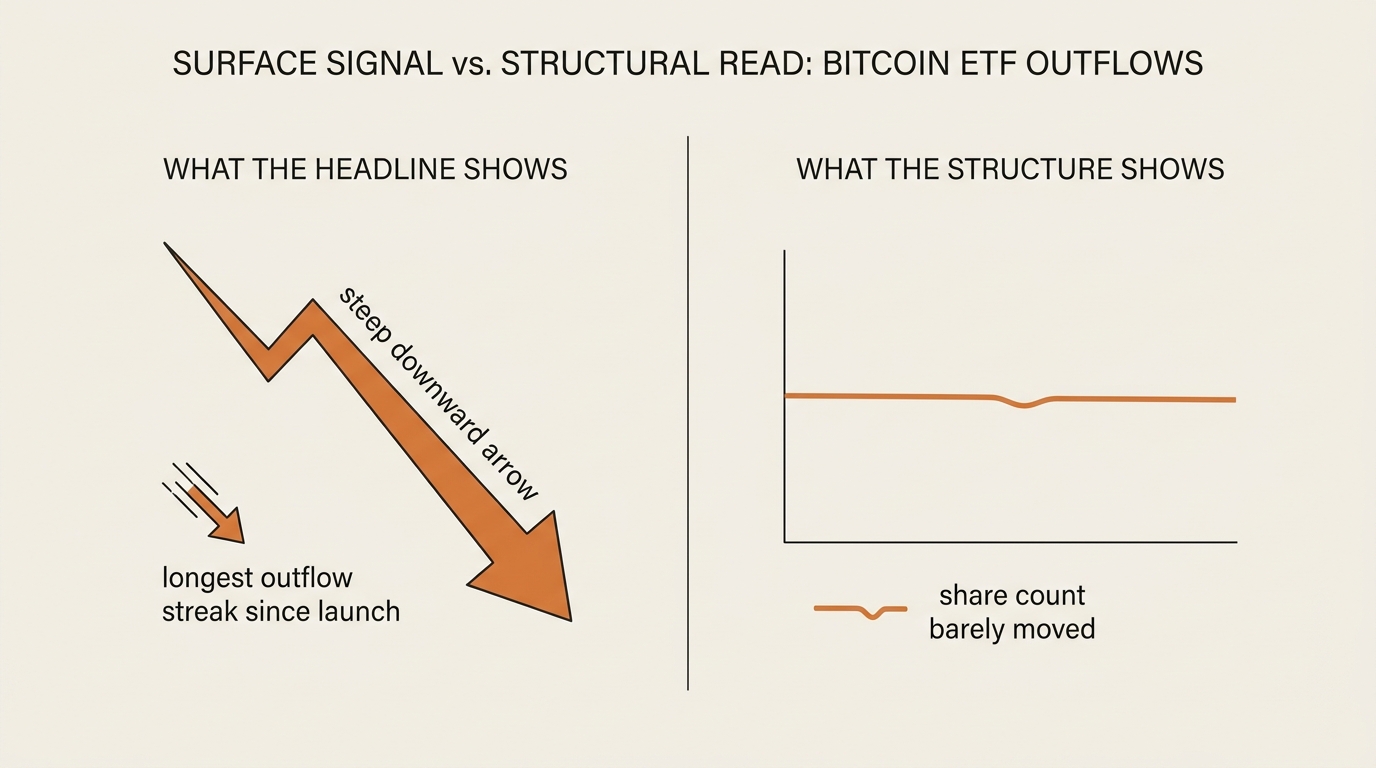 Two-panel diagram comparing the surface signal versus the structural read of Bitcoin ETF outflows: a steep red outflow arrow labeled longest streak versus a nearly flat share count line