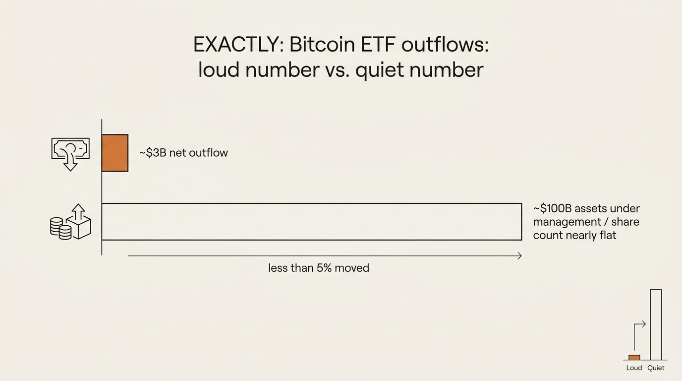 Bar comparison infographic of Bitcoin ETF outflows showing a small 3 billion dollar net outflow against a 100 billion dollar asset base with share count nearly flat