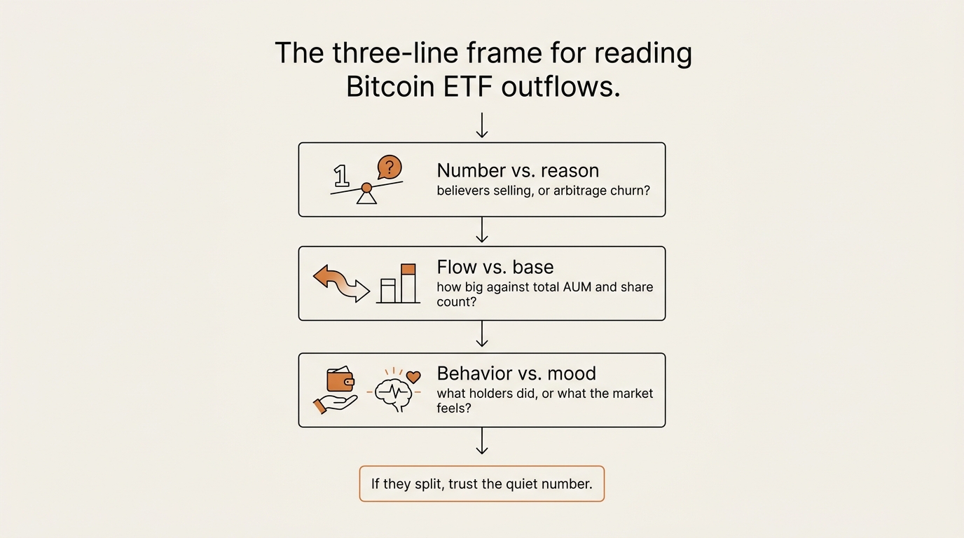 Three-step flowchart frame for reading Bitcoin ETF outflows: number versus reason, flow versus base, behavior versus mood, ending in trust the quiet number