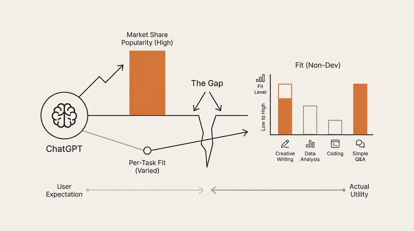 Diagram showing the gap between ChatGPT market share popularity and per-task fit for a non-developer