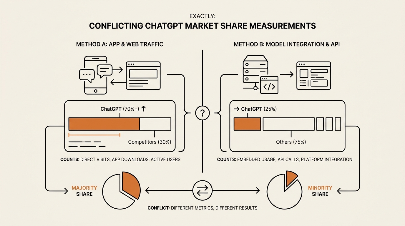 Diagram comparing two conflicting ChatGPT market share measurements and what each one counts