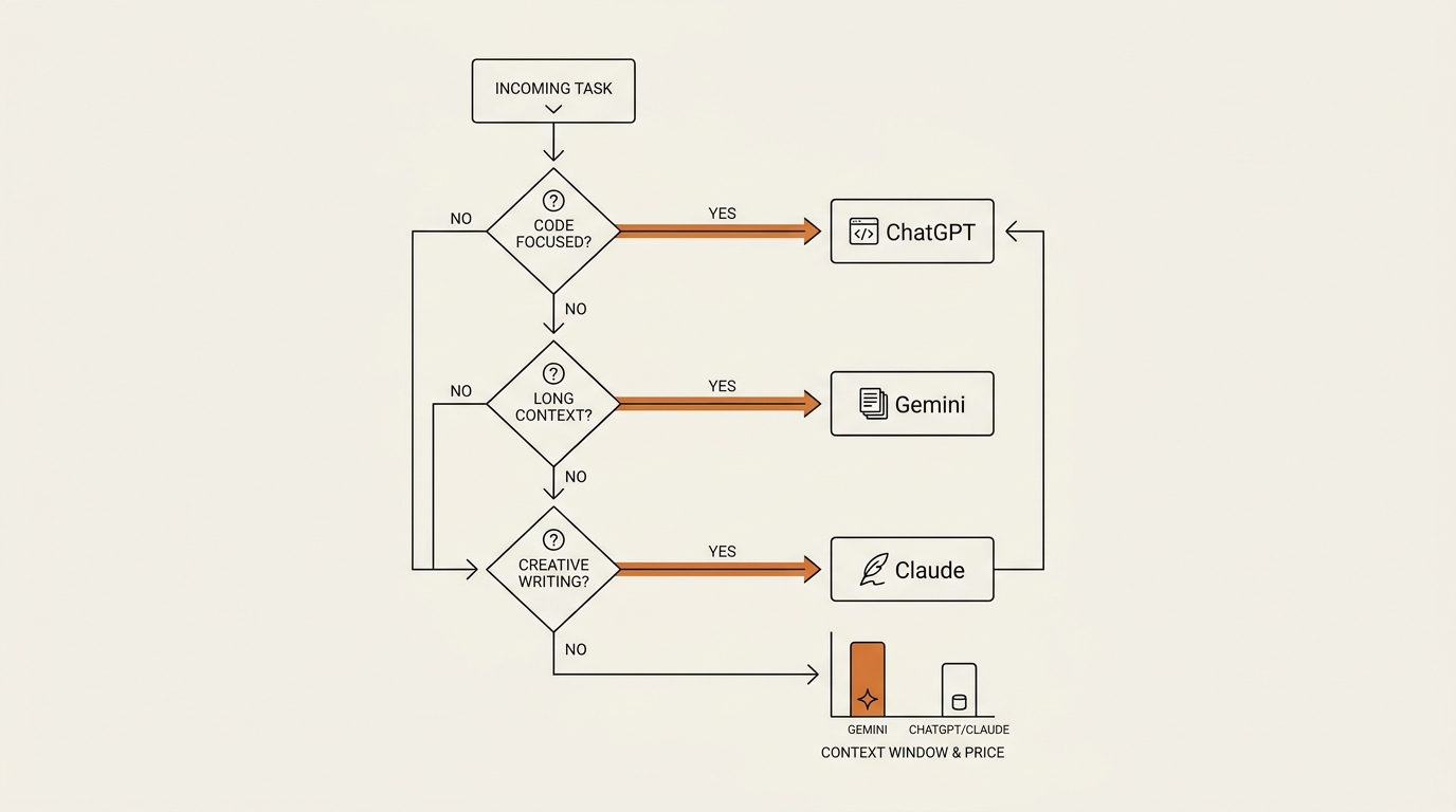 Task-routing decision tree sending each task to ChatGPT, Gemini, or Claude based on three questions