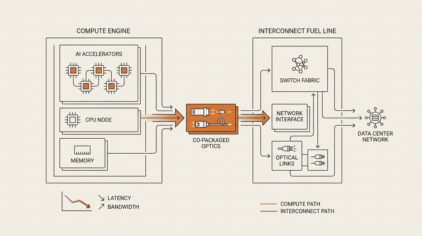 Diagram showing compute engine versus interconnect fuel line inside an AI data center rack, with co-packaged optics o…