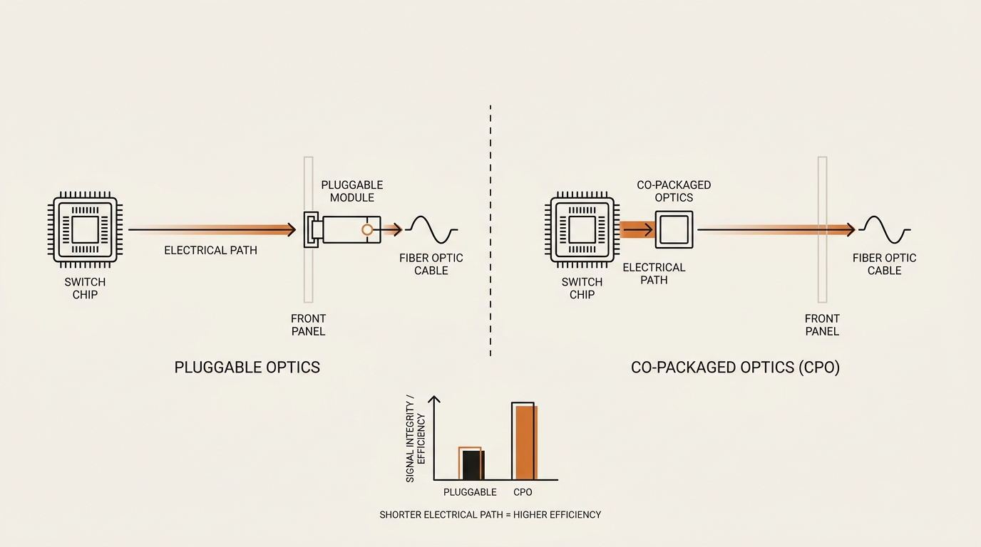 Side-by-side light-path diagram comparing pluggable optics on the front panel versus co-packaged optics next to the s…