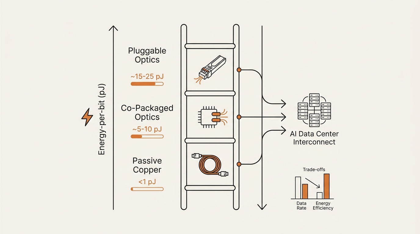 Energy-per-bit ladder infographic showing pluggable optics, co-packaged optics, and passive copper in pJ/bit for the…