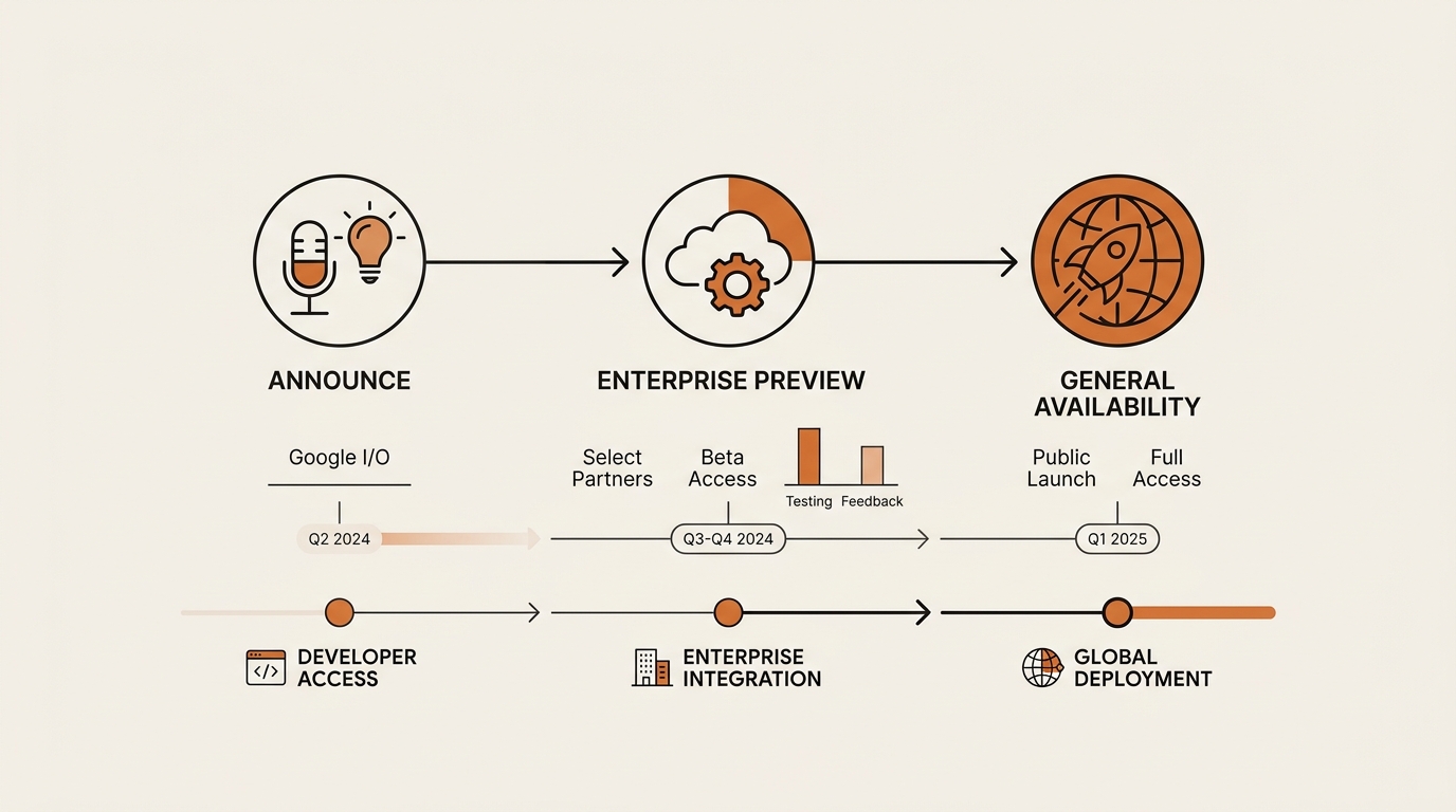 Timeline infographic of the Google Gemini 3.5 Pro launch from I/O announcement to enterprise preview to GA