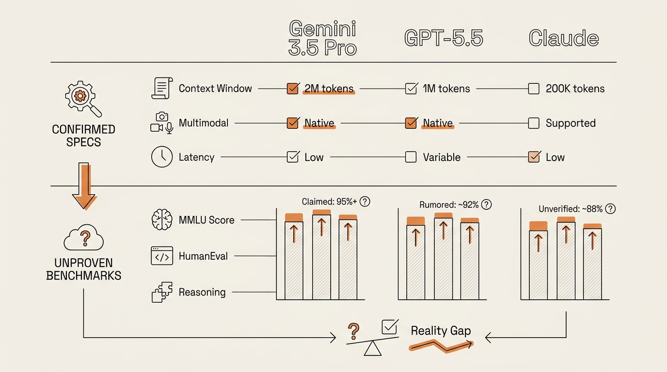 Comparison matrix of Gemini 3.5 Pro vs GPT-5.5 and Claude showing confirmed specs versus unproven benchmark claims