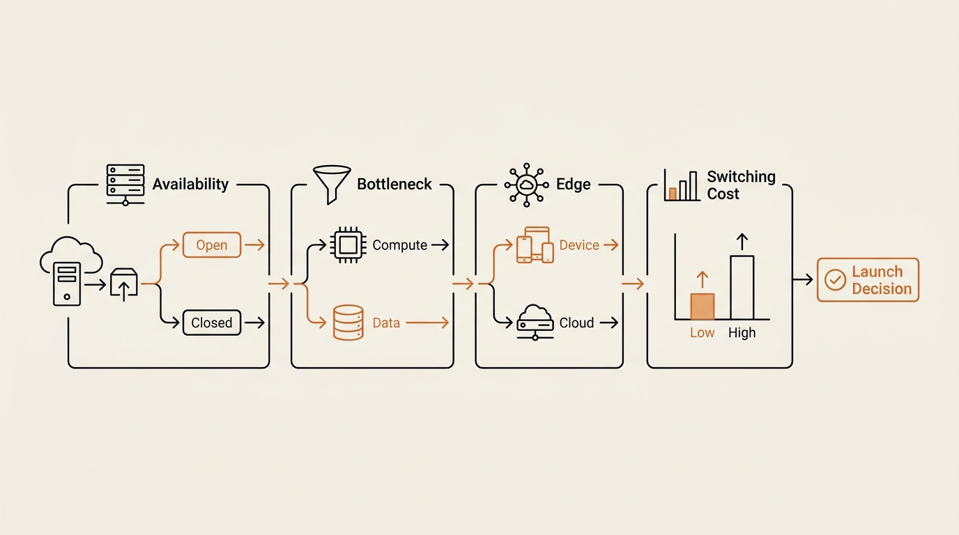 Four-step decision framework diagram for evaluating any AI model launch by availability, bottleneck, edge, and switch…