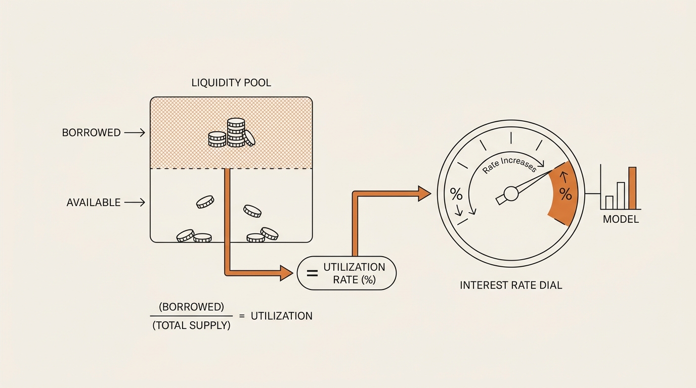 Diagram of the Aave interest rate utilization formula: a pool split into borrowed and available portions feeding into a rate dial