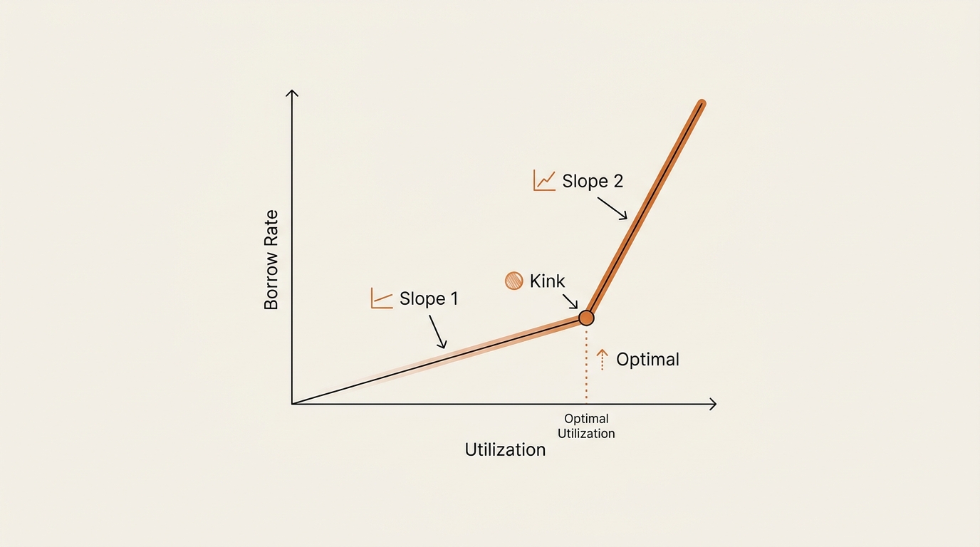 Line chart of the Aave interest rate curve: a gentle first slope rising to the kink at optimal utilization, then a steep second slope