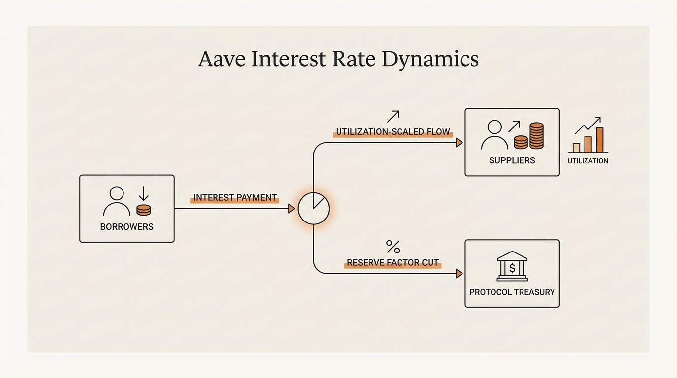 Flow diagram of how Aave interest rates move money: borrowers pay interest, the protocol takes a reserve-factor cut, the rest flows to suppliers