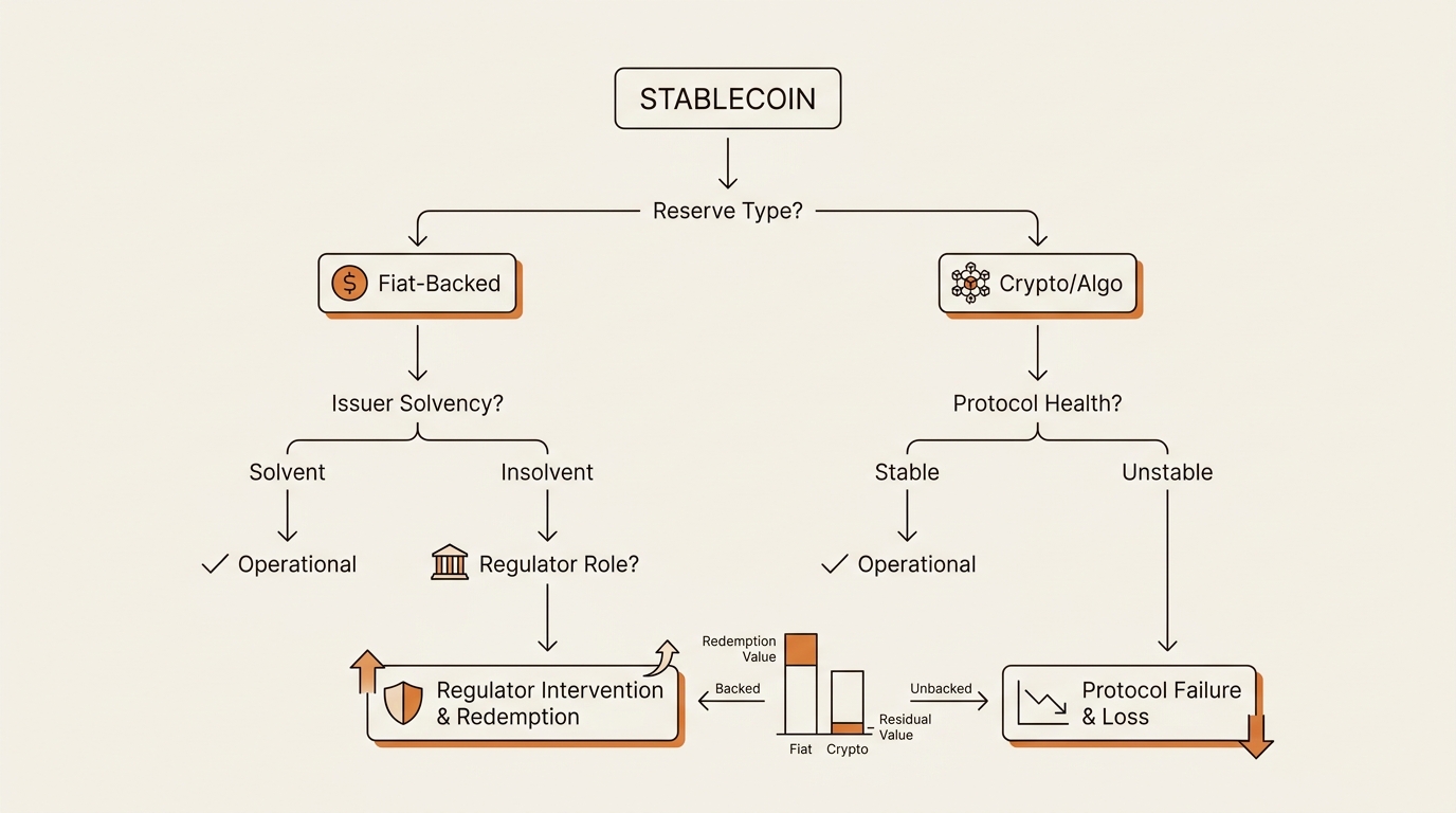 Three-question decision diagram showing reserve composition, issuer failure path, and regulator obligation for any stablecoin before holding it