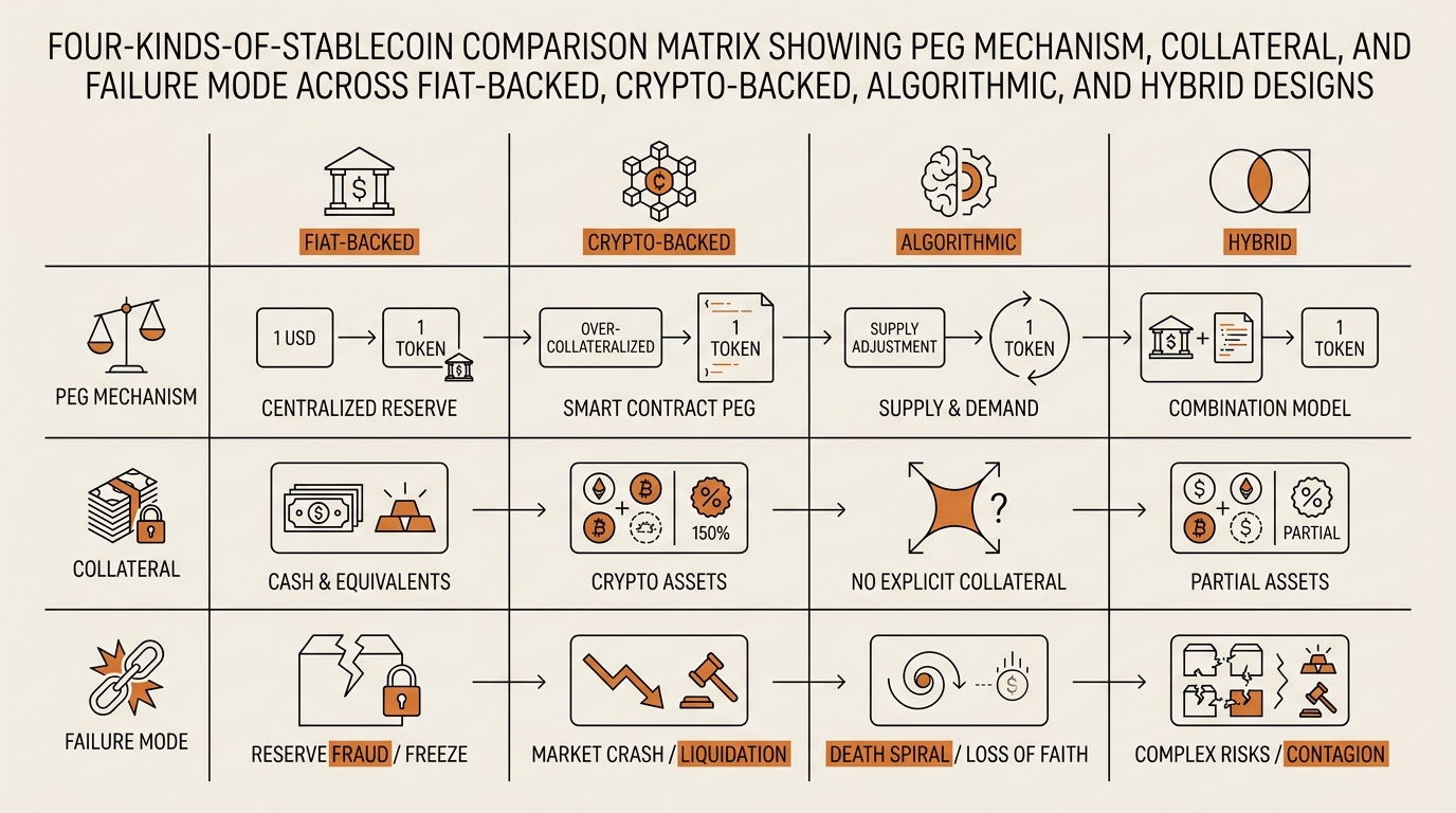 Four-kinds-of-stablecoin comparison matrix showing peg mechanism, collateral, and failure mode across fiat-backed, crypto-collateralized, algorithmic, and hybrid stablecoin designs