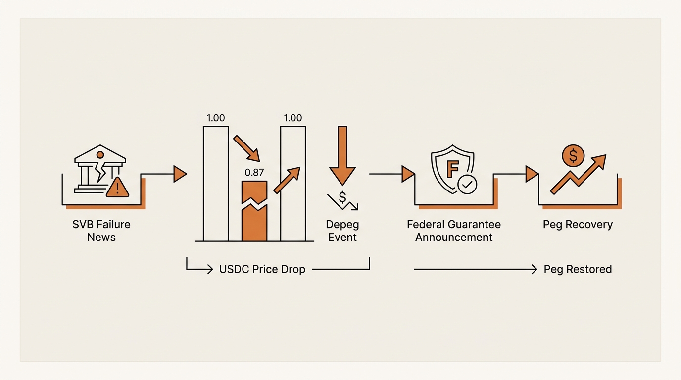 March 2023 USDC depeg timeline showing SVB failure news, USDC price drop to 0.87, federal guarantee announcement, and weekend recovery of the stablecoin peg back to 1.00