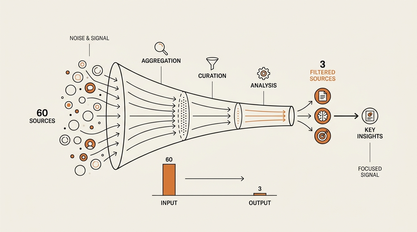 Signal-vs-noise funnel showing how to keep up with AI by filtering 60 sources down to 3