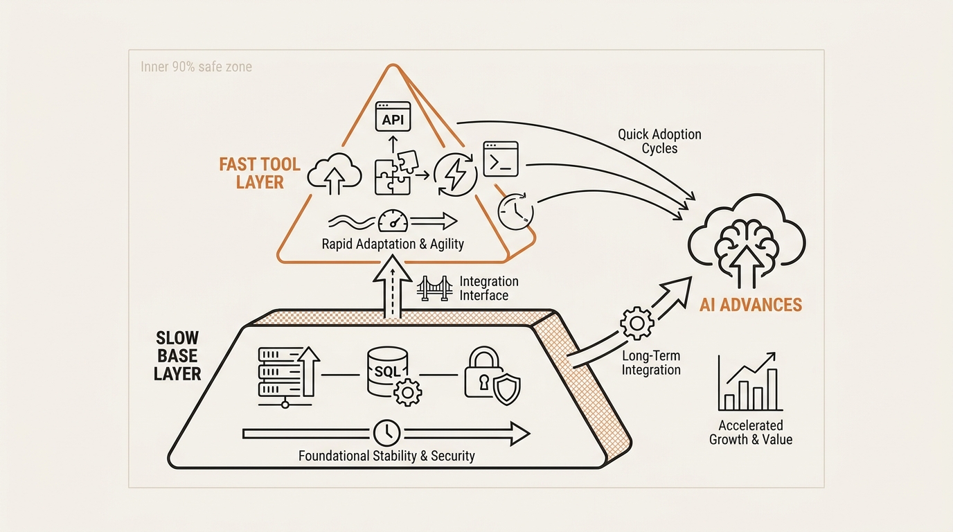 Two-layer pyramid contrasting slow base layer vs fast tool layer for keeping up with AI