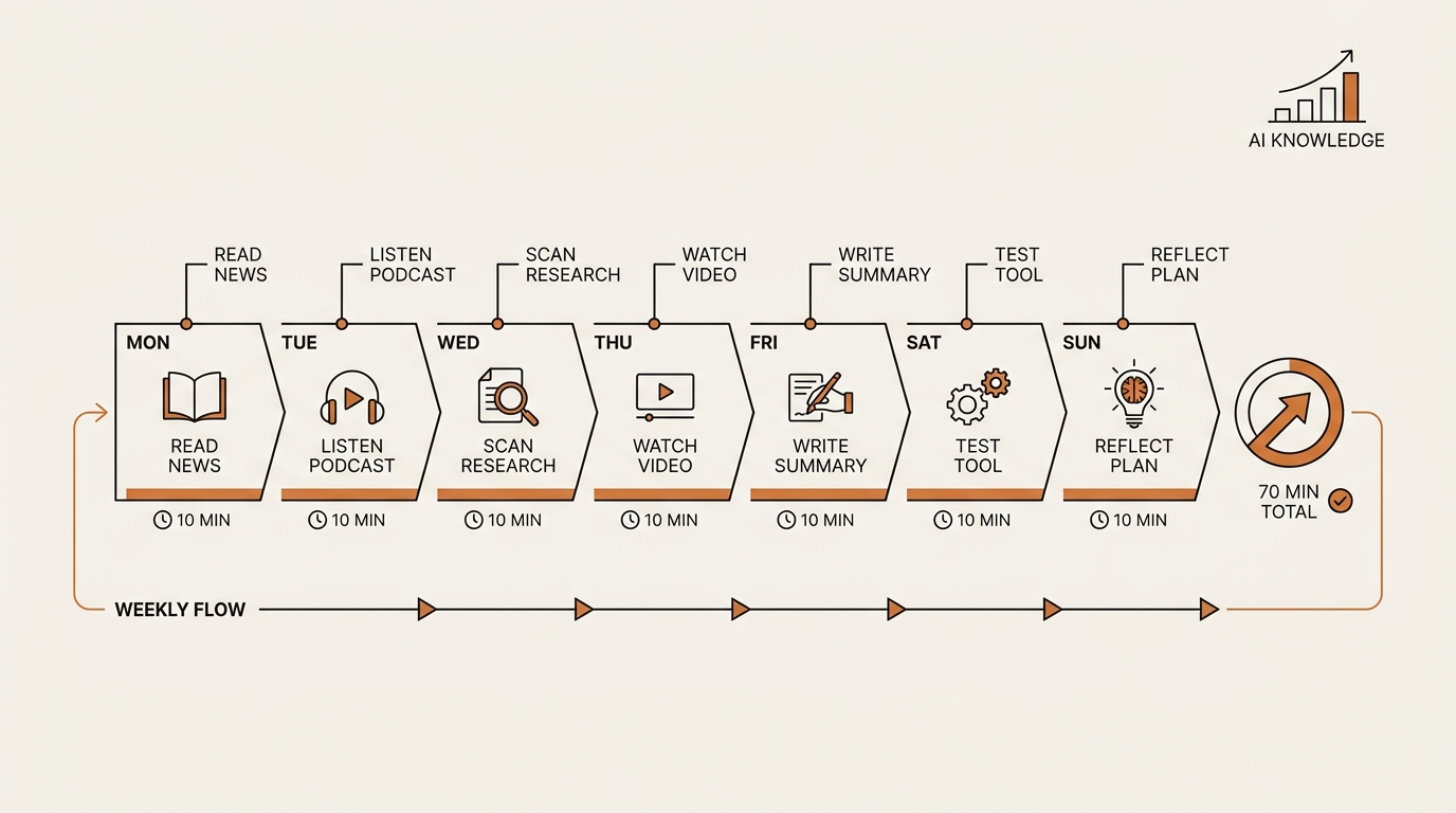 Weekly time-boxed routine timeline showing how to keep up with AI in 70 minutes