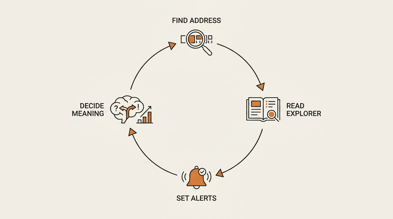 Four-step circular loop diagram for how to track a crypto wallet — node 1 