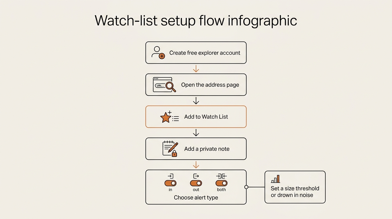 Watch-list setup flow infographic — five stacked steps: 