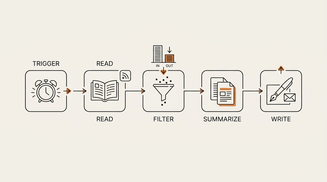 Five-stage workflow diagram showing the morning briefing AI agent pipeline — trigger, read, filter, summarize, write…