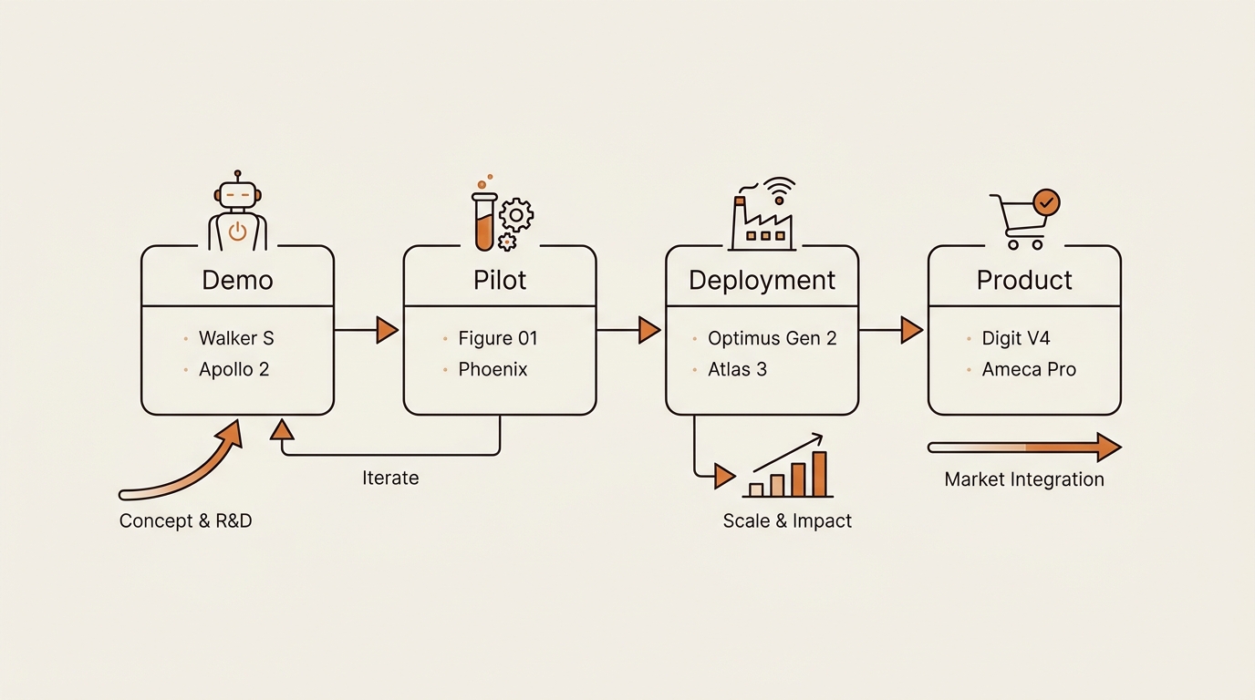 Diagram showing the 4-stage robot filter — Demo, Pilot, Deployment, Product — with example 2026 bipedal robots placed at each stage from Optimus reveals to BMW Spartanburg deployment