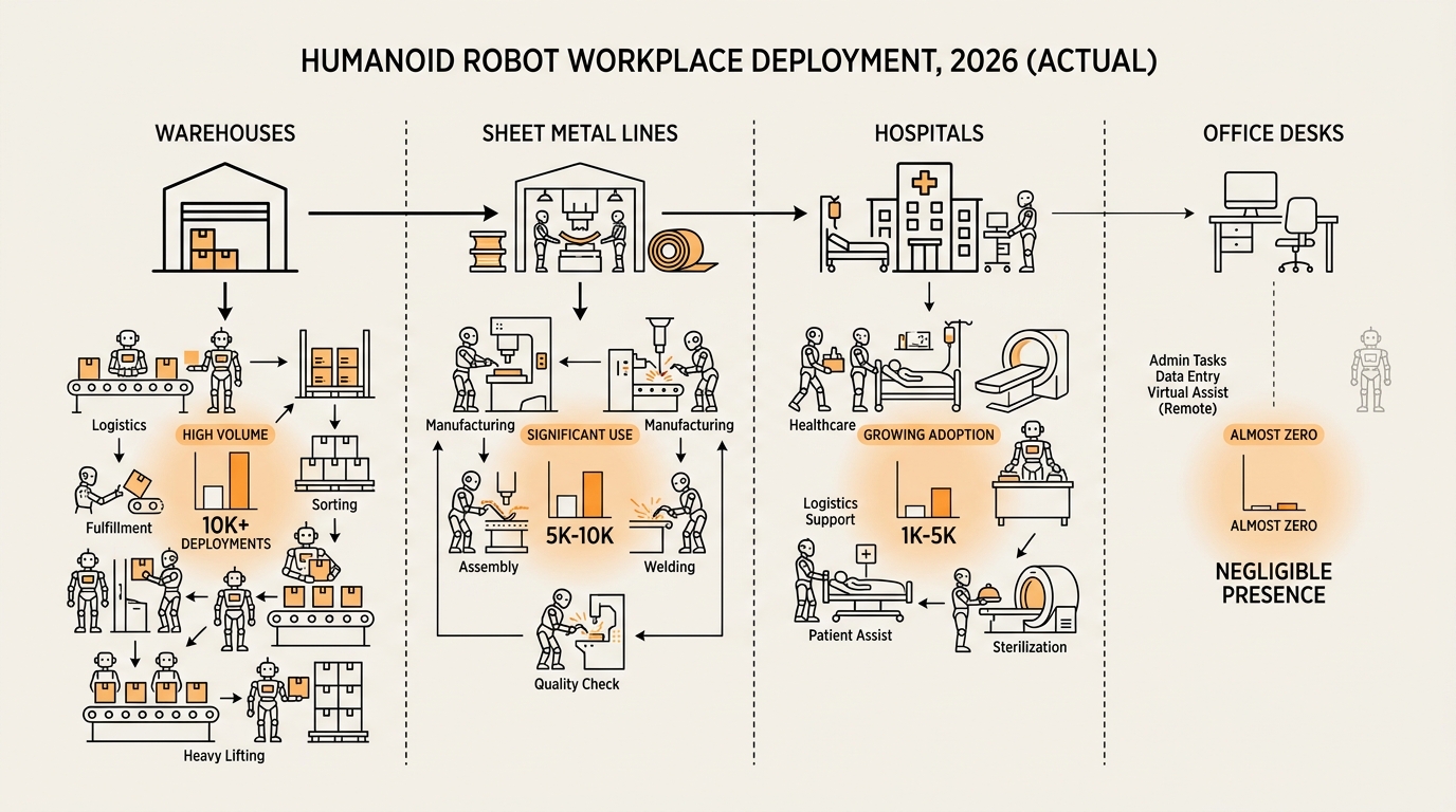 Infographic showing where bipedal robots actually work in 2026 — heatmap of warehouses, sheet metal lines, hospitals, and almost zero presence at office desks or in homes