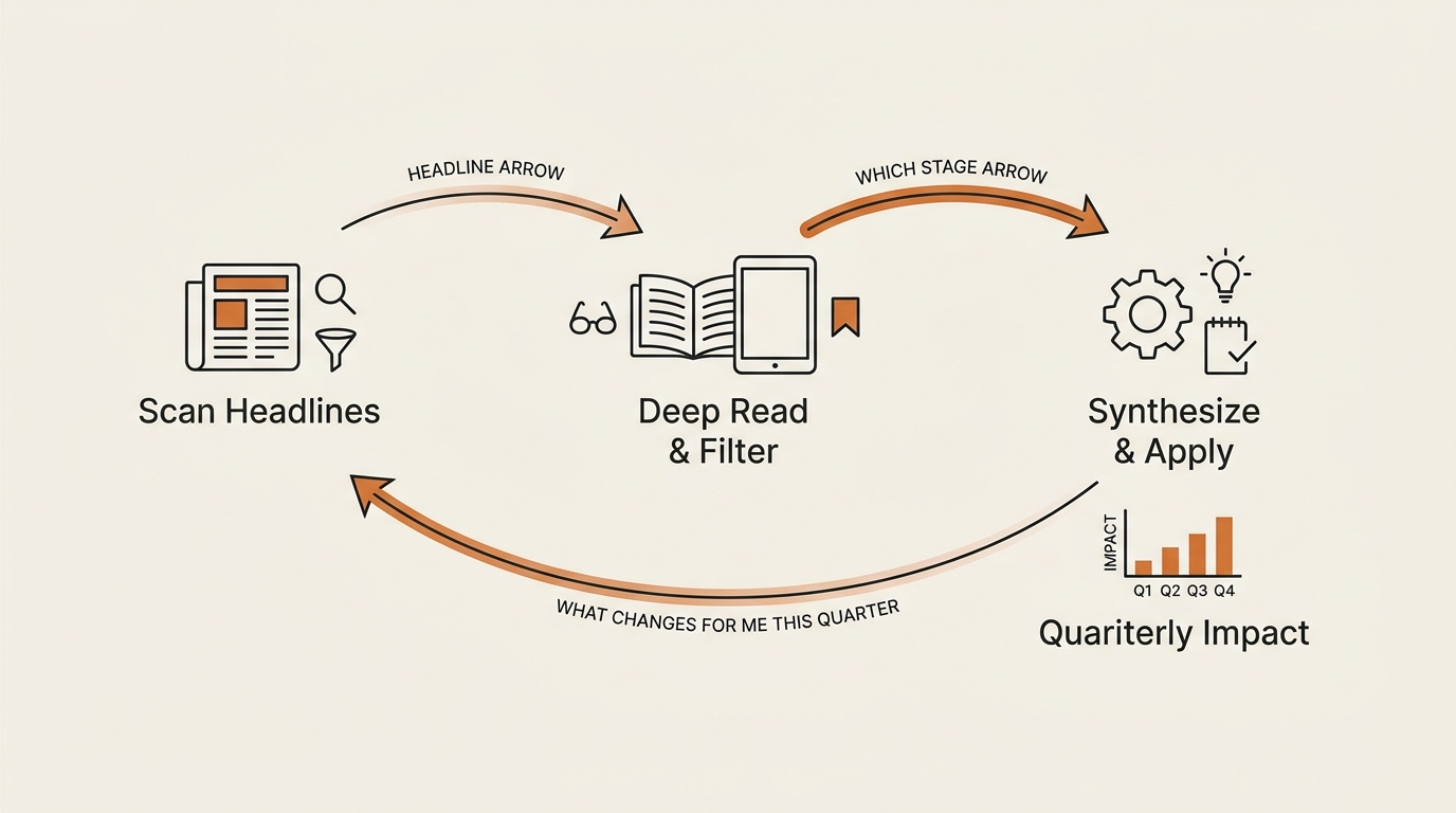 Diagram of a Korean office worker's reading loop — headline arrow which stage arrow what changes for me this quarter