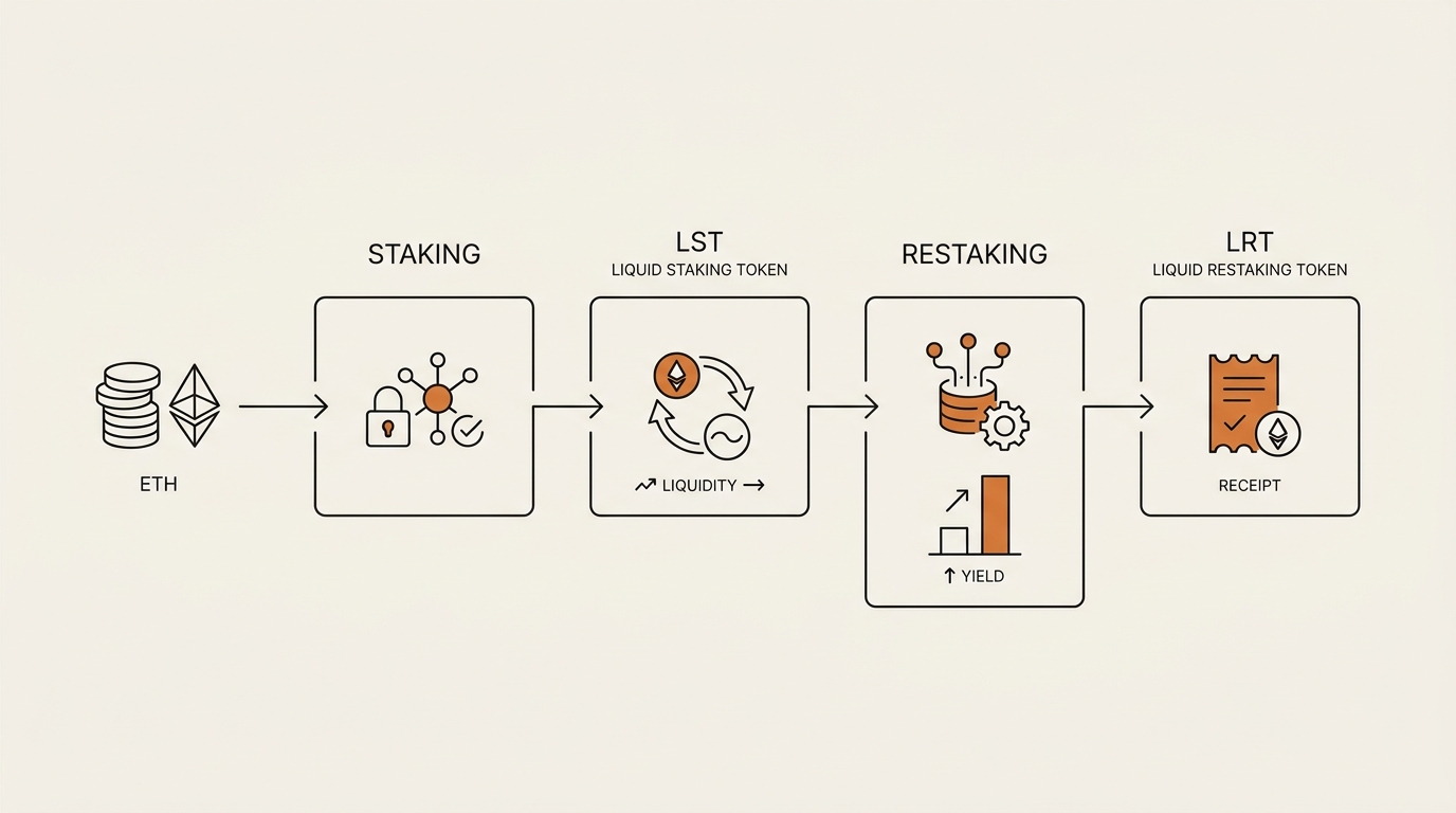 Five-layer map of how liquid restaking and LRTs work, from ETH up through staking, LST, restaking, to an LRT receipt token
