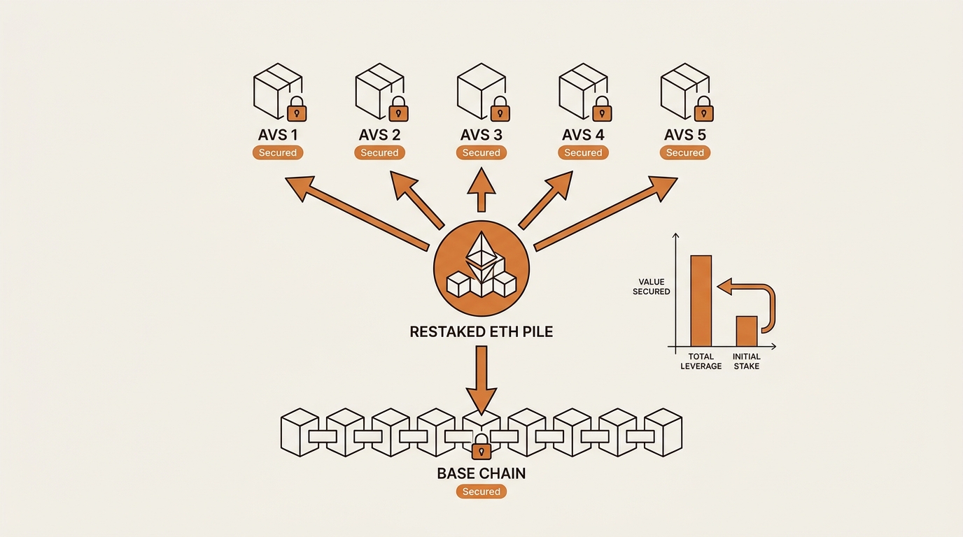 Rehypothecation diagram showing one pile of restaked ETH securing the base chain and several AVSs at once
