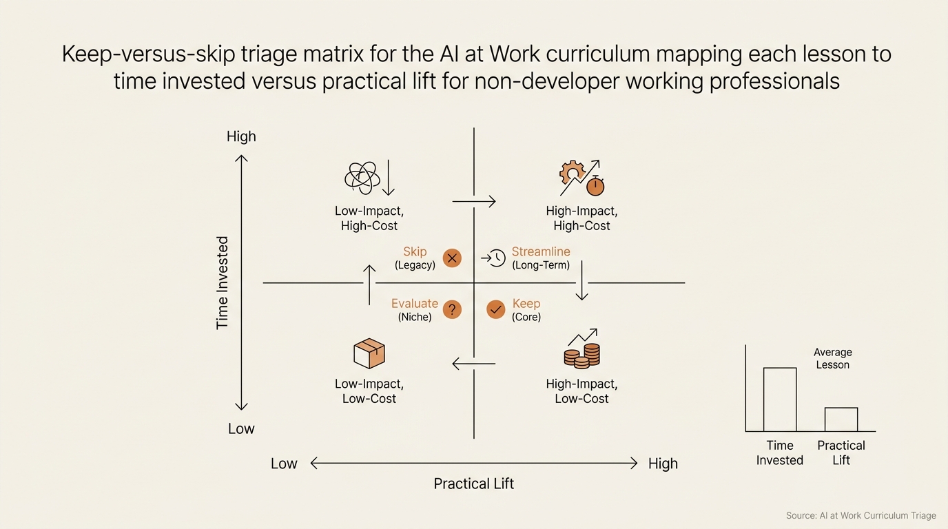 Keep-versus-skip triage matrix for the AI at Work curriculum mapping each lesson to time invested versus practical li…
