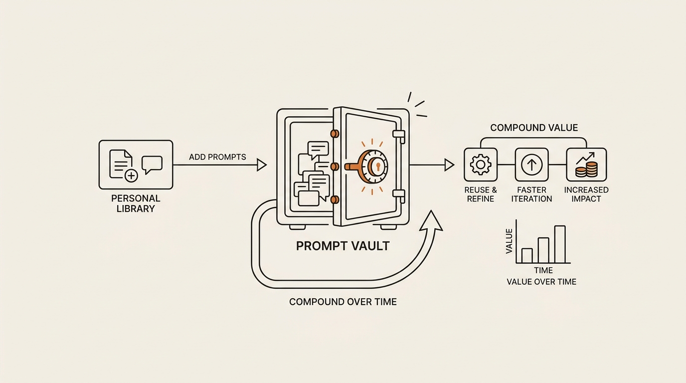 Diagram showing a personal prompt library as a vault where reused prompts compound over time