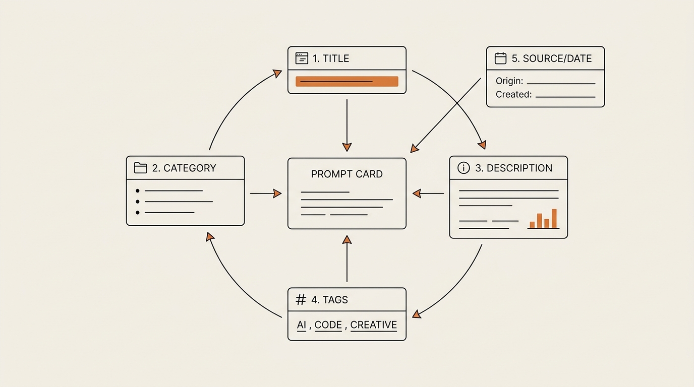 Infographic of the 5 fields every personal prompt library entry needs around a prompt card