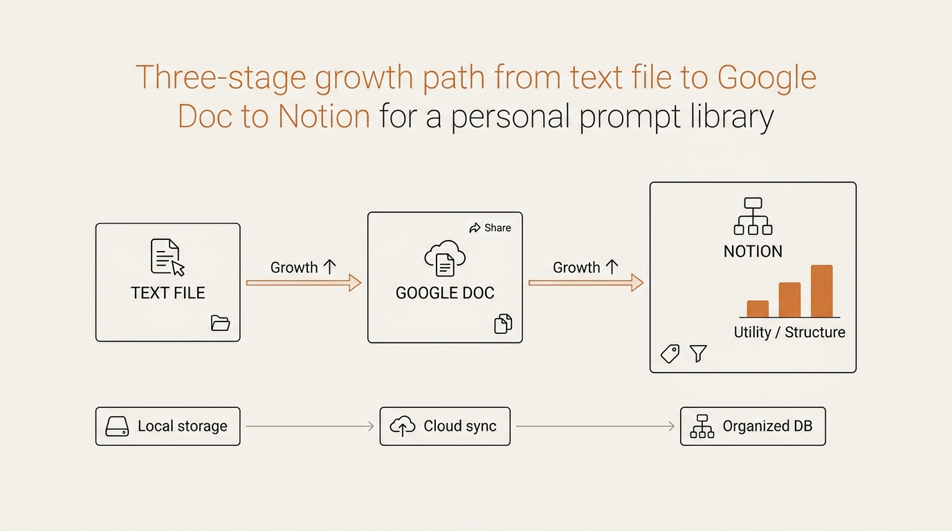 Three-stage growth path from text file to Google Doc to Notion for a personal prompt library