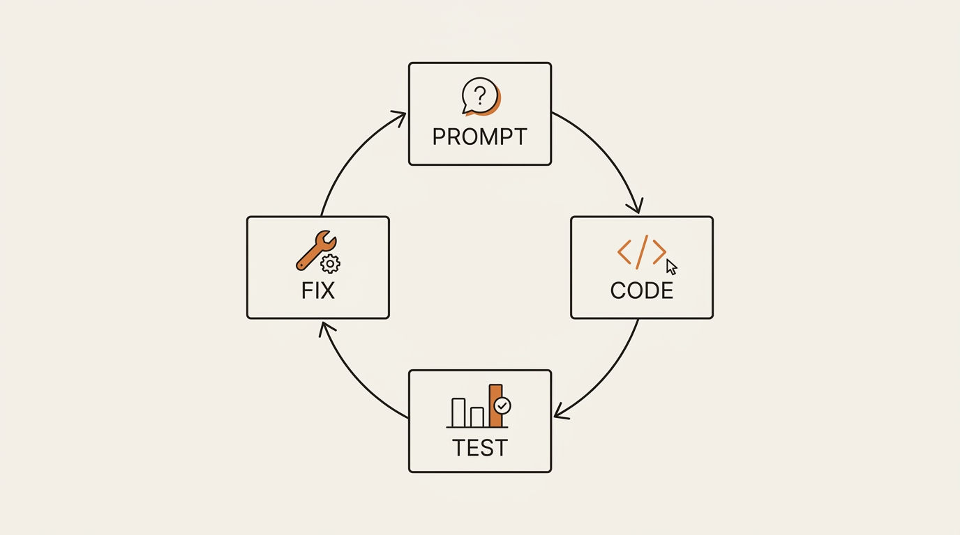 Diagram of the vibe coding for non developers workflow loop with four boxes: Prompt, Code, Test, Fix.