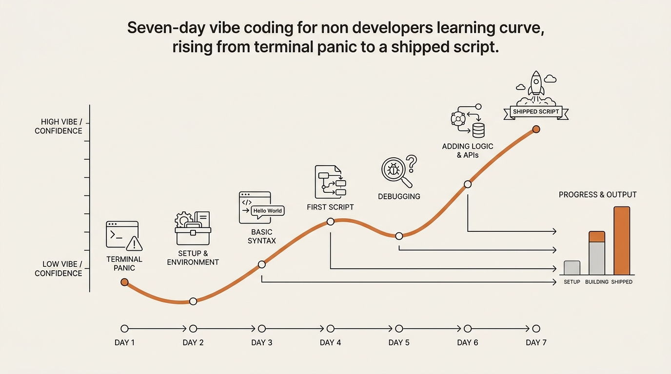 Seven-day vibe coding for non developers learning curve, rising from terminal panic to a shipped script.