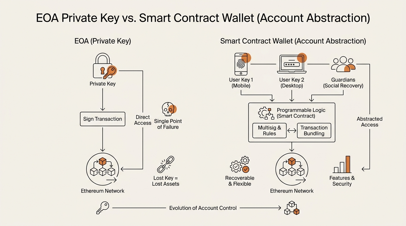 Side-by-side diagram contrasting an EOA private key with a programmable smart contract wallet in account abstraction