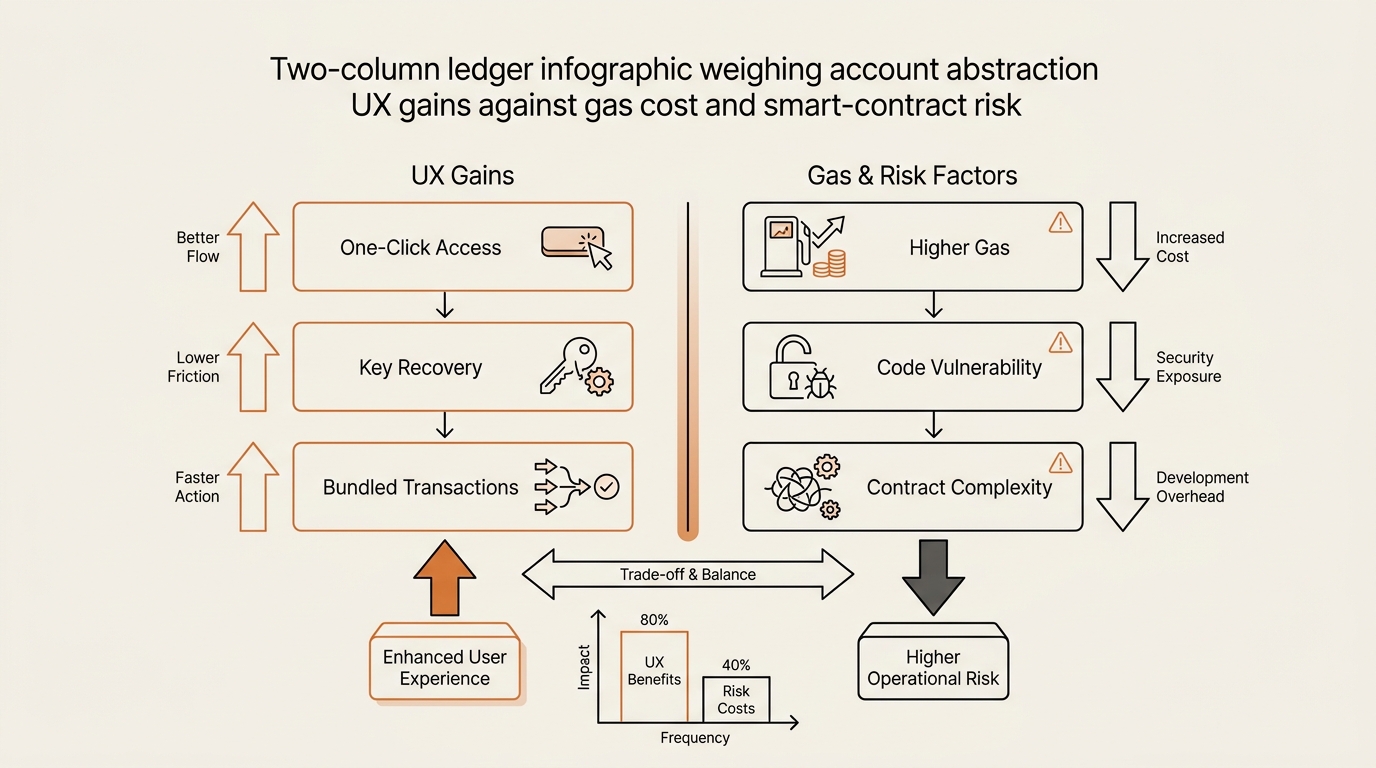 Two-column ledger infographic weighing account abstraction UX gains against gas cost and smart-contract risk