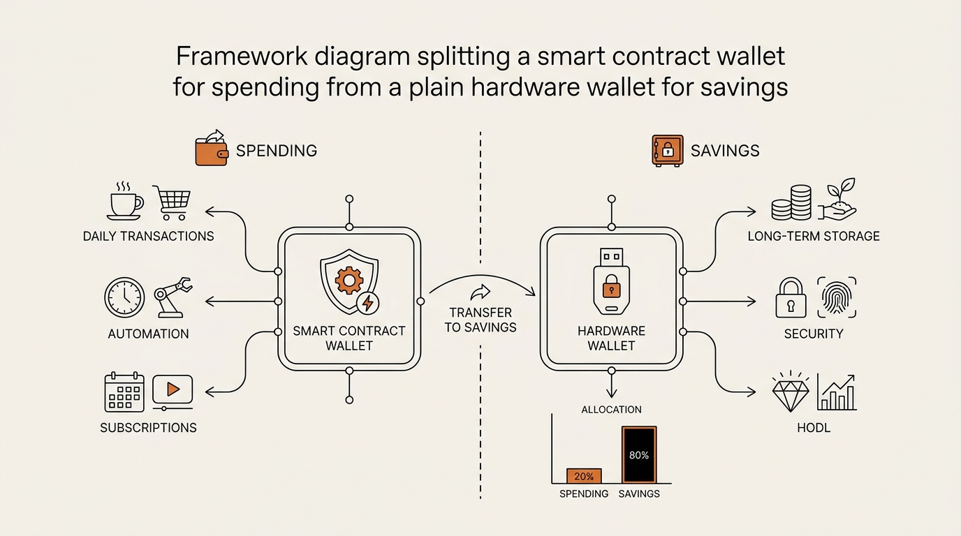 Framework diagram splitting a smart contract wallet for spending from a plain hardware wallet for savings