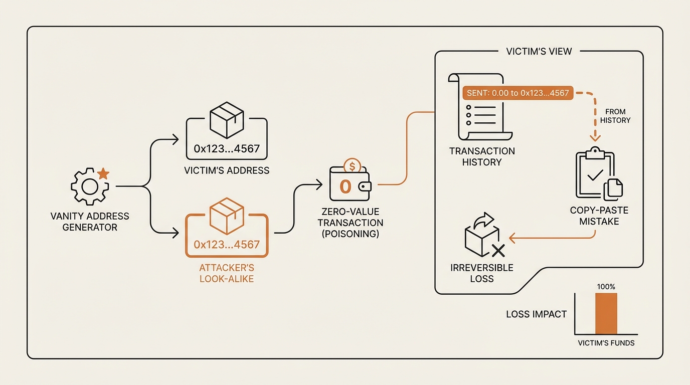 Infographic showing the address poisoning scam attack flow from vanity address generation to a victim copy-pasting the look-alike address and sending an irreversible transfer.