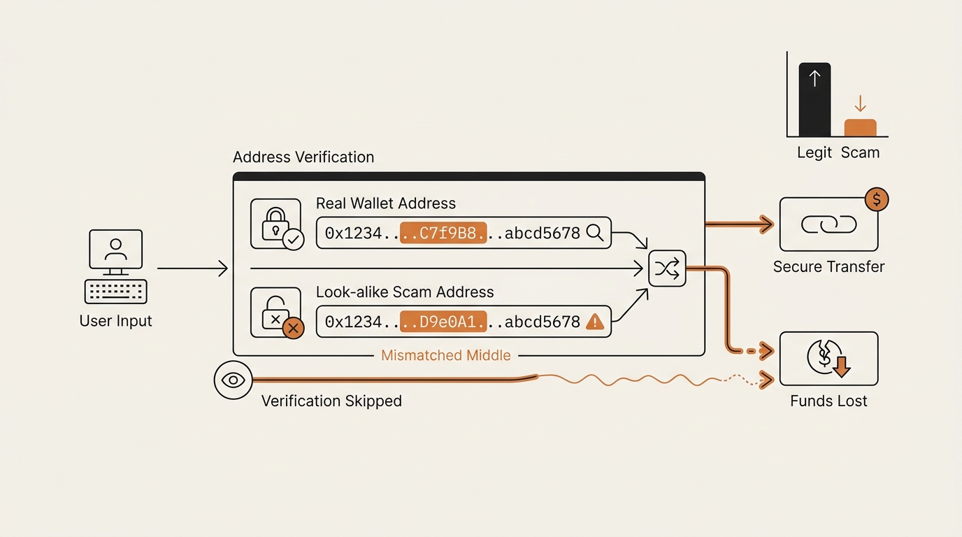 Diagram comparing a real wallet address and a look-alike address poisoning scam address that match on the first and last characters but differ in the middle.