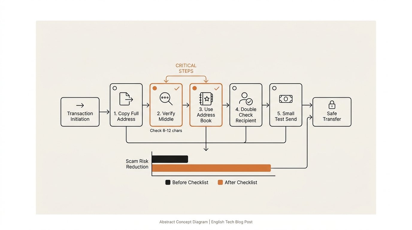 Protection checklist infographic listing five steps to prevent an address poisoning scam, including verifying the middle characters, using an address book, and never copying from history.