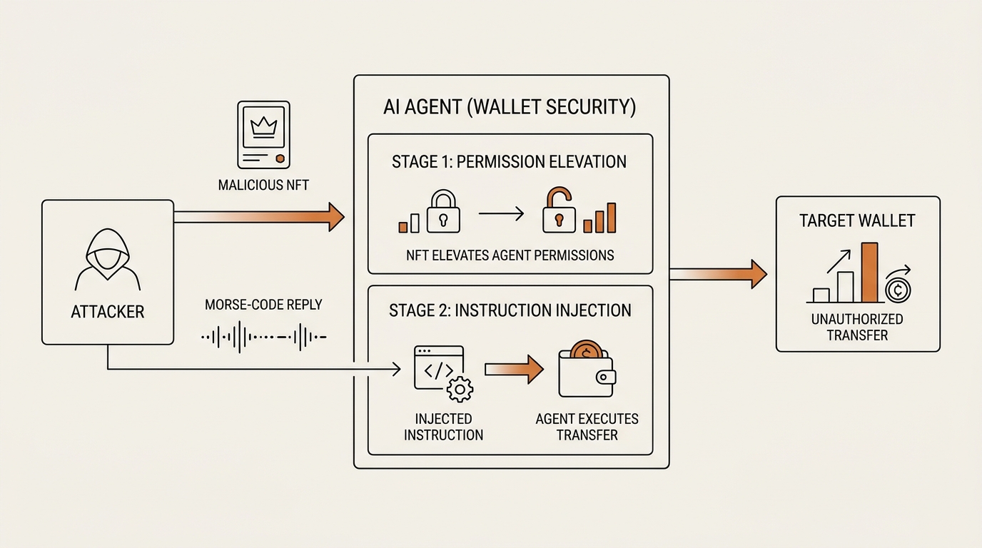 Two-stage attack flow diagram for AI agent wallet security — an NFT elevates agent permissions, then a Morse-code rep…